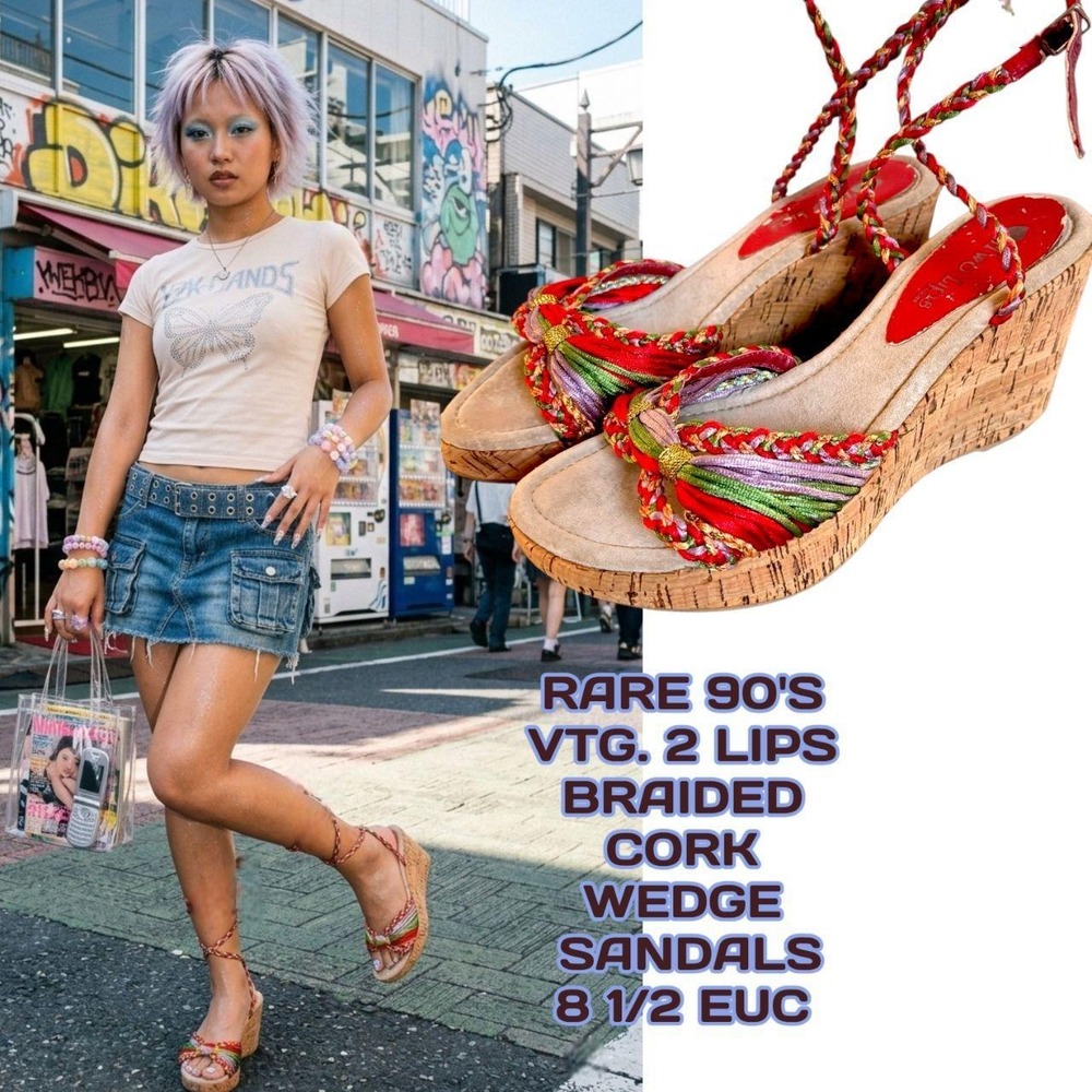 RARE 90s/Y2K Vintage Two Lips Braided Cork Wedges 8.5 EUC✨